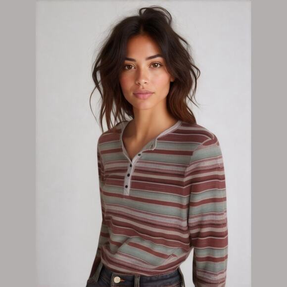Chaps Womens Top Sz PXL Multi Color Henley Stripe Fall Rust Aqua Textured - Picture 1 of 6